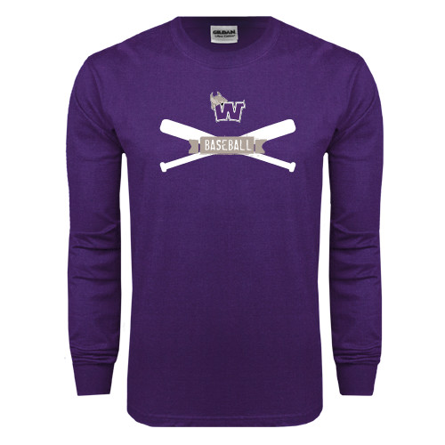  Purple Long Sleeve T Shirt - Baseball Crossed Bats Design