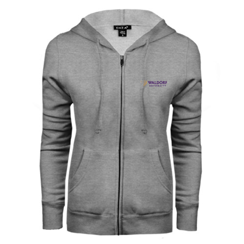  ENZA Womens Grey Fleece Full Zip Hoodie - Waldorf University Academic Mark Flat