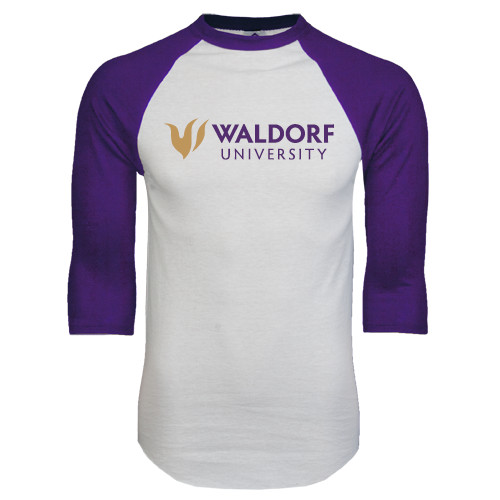  White/Purple Raglan Baseball T Shirt - Waldorf University Academic Mark Flat