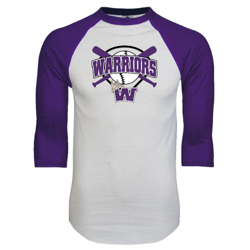  White/Purple Raglan Baseball T Shirt - Softball Bats and Plate Design