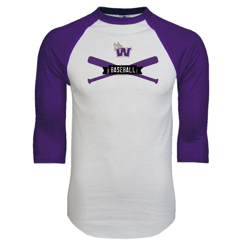  White/Purple Raglan Baseball T Shirt - Baseball Crossed Bats Design
