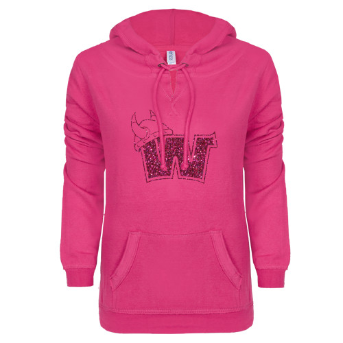 ENZA Womens Hot Pink V Notch Raw Edge Fleece Hoodie - Waldorf W