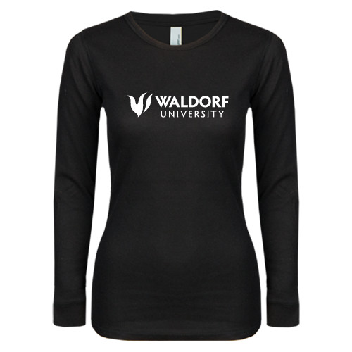  Womens Black Long Sleeve V Neck Tee  - Waldorf University Academic Mark Flat