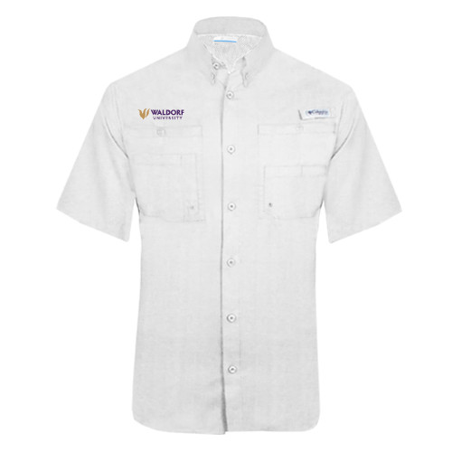  Columbia White Tamiami Performance Short Sleeve Shirt - Waldorf University Academic Mark Flat