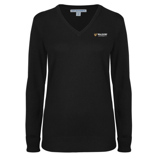 Womens Black VNeck Sweater - Waldorf University Academic Mark Flat