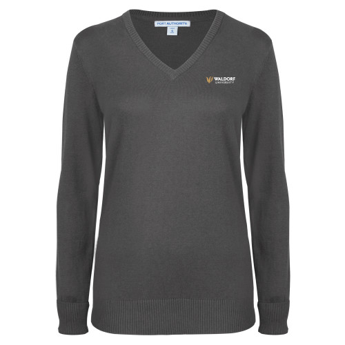  Womens Charcoal Heather VNeck Sweater - Waldorf University Academic Mark Flat