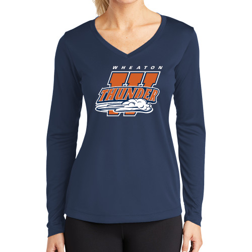  Womens Navy Performance Long Sleeve V Neck Shirt - Primary Athletics Mark