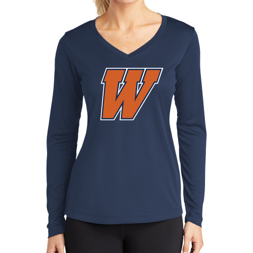  Womens Navy Performance Long Sleeve V Neck Shirt - W