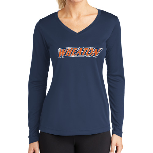  Womens Navy Performance Long Sleeve V Neck Shirt - Athletics Wordmark