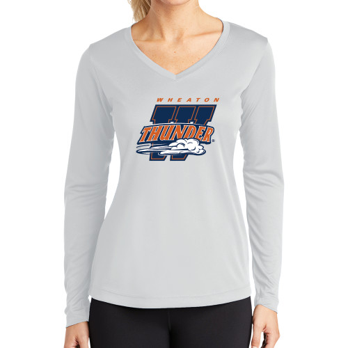  Womens White Performance Long Sleeve V Neck Shirt - Primary Athletics Mark
