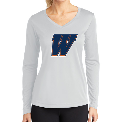  Womens White Performance Long Sleeve V Neck Shirt - W