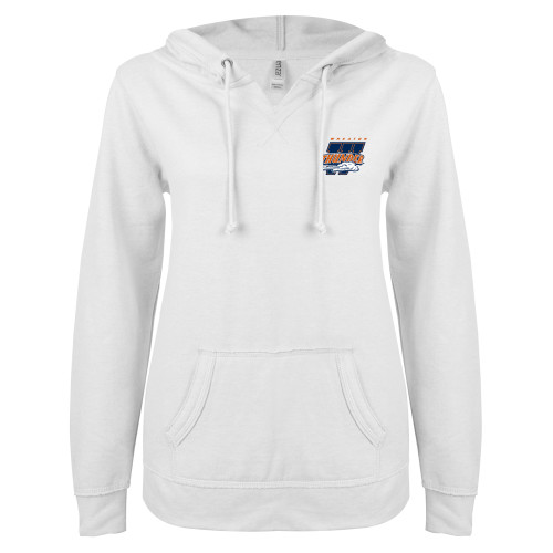  ENZA Womens White V Notch Raw Edge Fleece Hoodie - Primary Athletics Mark