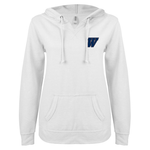  ENZA Womens White V Notch Raw Edge Fleece Hoodie - W