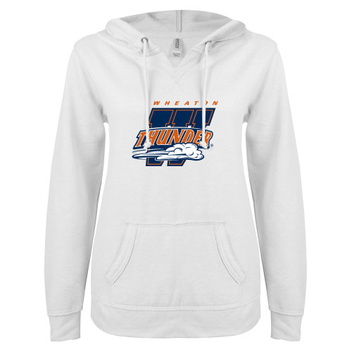  ENZA Womens White V Notch Raw Edge Fleece Hoodie - Primary Athletics Mark