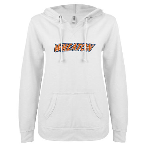  ENZA Womens White V Notch Raw Edge Fleece Hoodie - Athletics Wordmark