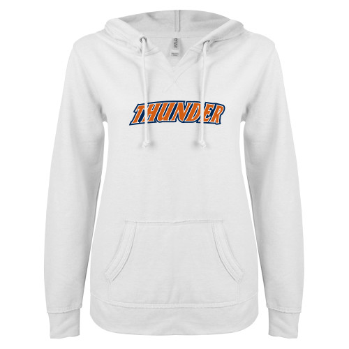 ENZA Womens White V Notch Raw Edge Fleece Hoodie - Thunder Wordmark