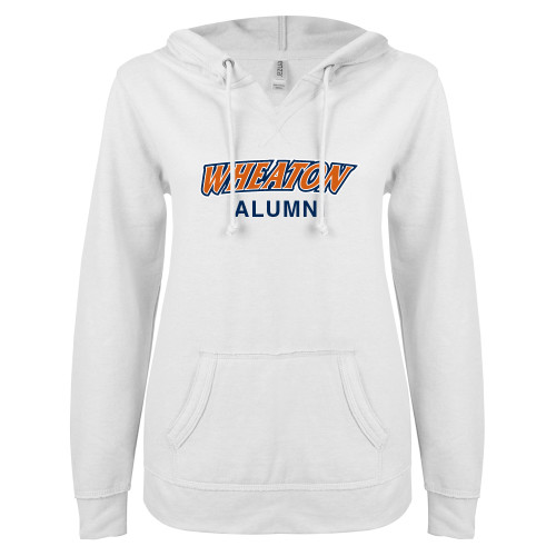  ENZA Womens White V Notch Raw Edge Fleece Hoodie - Alumni
