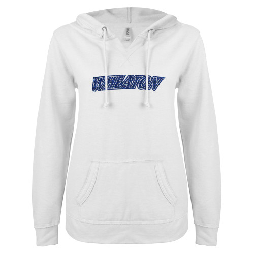  ENZA Womens White V Notch Raw Edge Fleece Hoodie - H Dark Blue Glitter
