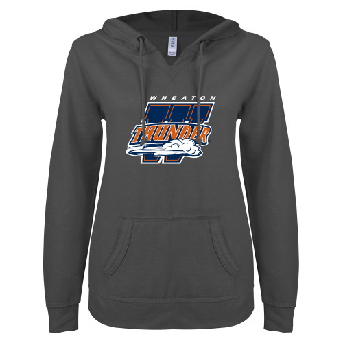  ENZA Womens Dark Heather V Notch Raw Edge Fleece Hoodie - Primary Athletics Mark
