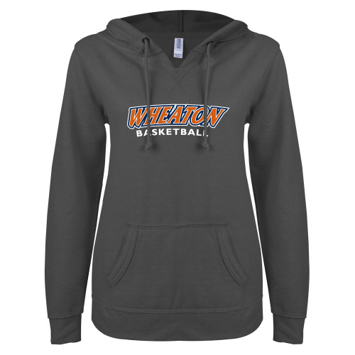  ENZA Womens Dark Heather V Notch Raw Edge Fleece Hoodie - Wheaton Basketball