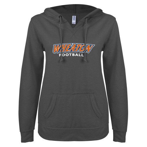  ENZA Womens Dark Heather V Notch Raw Edge Fleece Hoodie - Wheaton Football