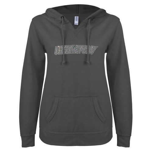  ENZA Womens Dark Heather V Notch Raw Edge Fleece Hoodie - A Silver Soft Glitter