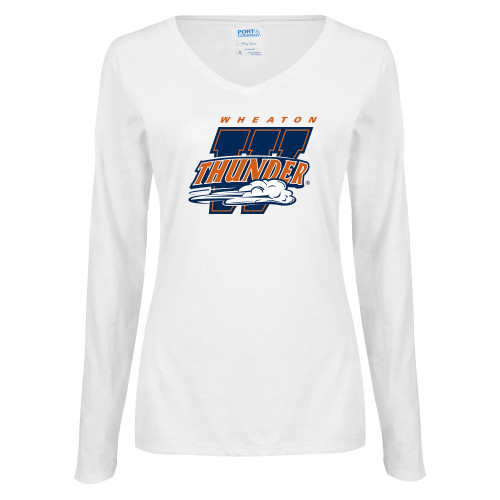  Womens White Long Sleeve V Neck Tee - Primary Athletics Mark