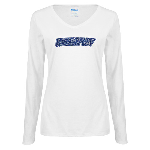  Womens White Long Sleeve V Neck Tee - H Dark Blue Glitter