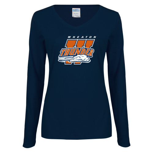  Womens Navy Long Sleeve V Neck Tee - Primary Athletics Mark