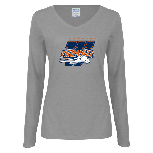  Womens Grey Long Sleeve V Neck Tee  - Primary Athletics Mark