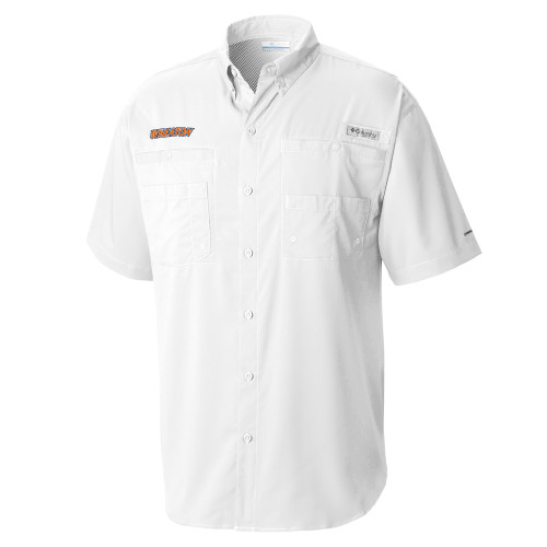  Columbia White Tamiami Performance Short Sleeve Shirt - Athletics Wordmark