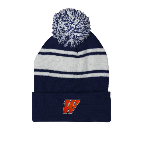  Navy/White Two Tone Knit Pom Beanie w/Cuff - W