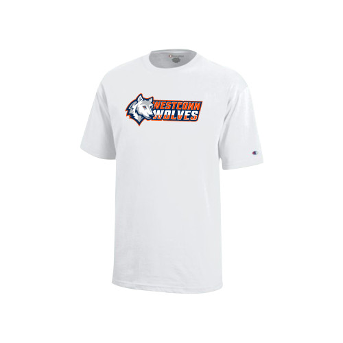  Champion Youth White Short Sleeve Tee - Westconn Wolves Mascot Head Left