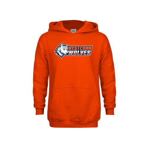  Youth Orange Fleece Hoodie - Westconn Wolves Mascot Head Left