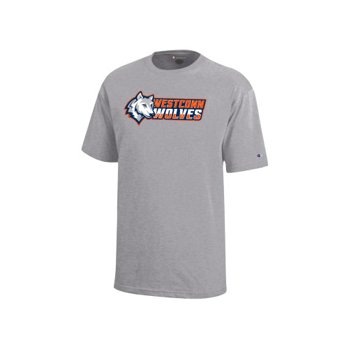  Champion Youth Grey Short Sleeve Tee - Westconn Wolves Mascot Head Left