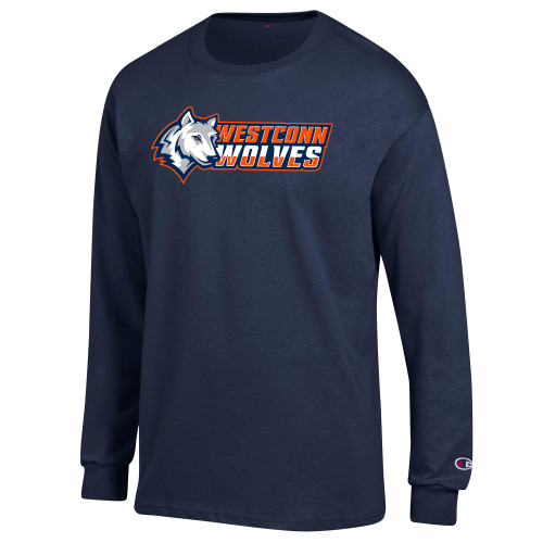  Champion Navy Long Sleeve T Shirt - Westconn Wolves Mascot Head Left