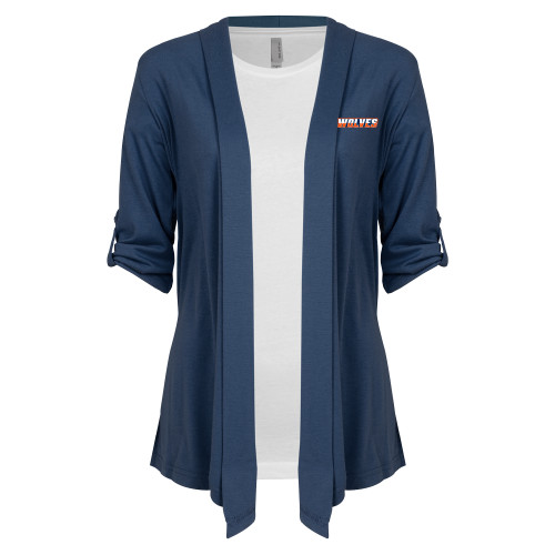  Womens Navy Drape Front Cardigan Sweater  - Athletic Wordmark