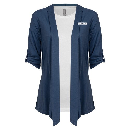  Womens Navy Drape Front Cardigan Sweater  - Athletic Wordmark