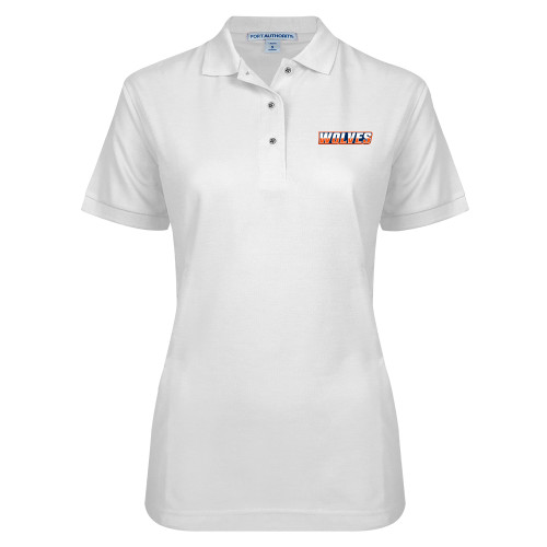  Womens Silk Touch White Pique Polo - Athletic Wordmark