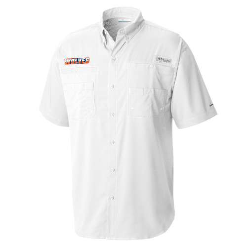 Columbia White Tamiami Performance Short Sleeve Shirt - Athletic Wordmark