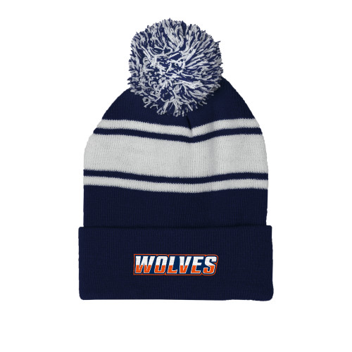  Navy/White Two Tone Knit Pom Beanie w/Cuff - Athletic Wordmark