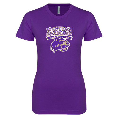  Next Level Womens Purple Boyfriend Tee - Arched Wordmark Over Mascot Head