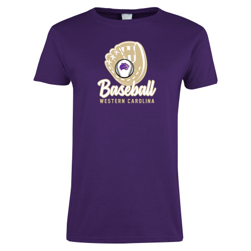  Womens Purple Short Sleeve Tee - WCU Baseball with Glove