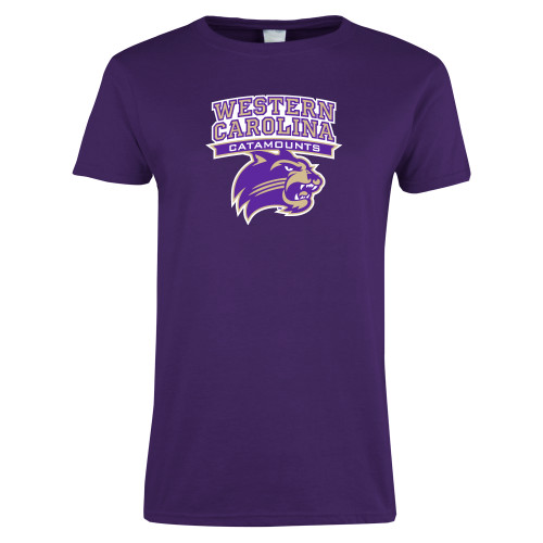  Womens Purple Short Sleeve Tee - Arched Wordmark Over Mascot Head