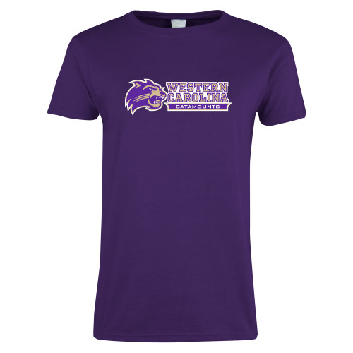  Womens Purple Short Sleeve Tee - Mascot Head Next to Wordmark