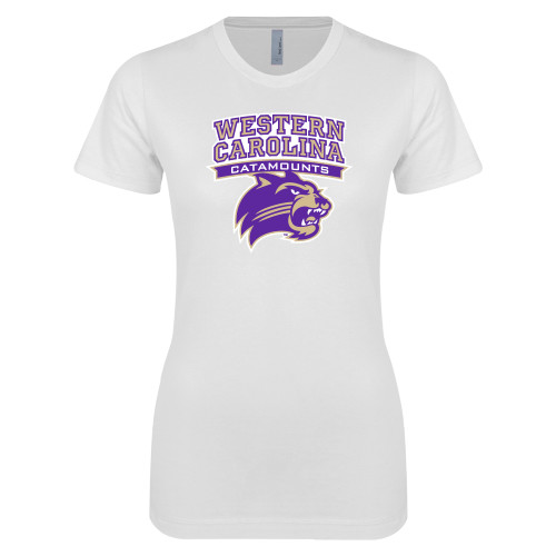  Next Level Womens White Boyfriend Tee - Arched Wordmark Over Mascot Head