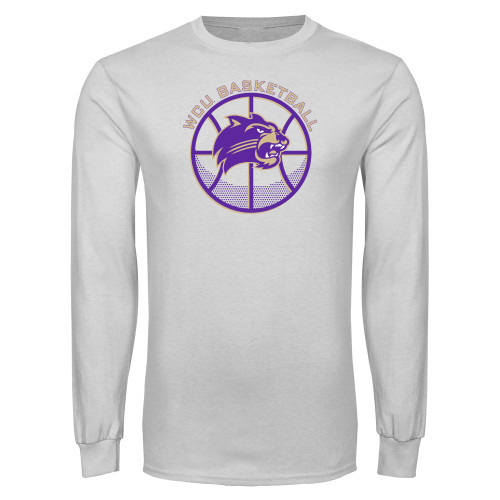  White Long Sleeve T Shirt - WCU Basketball with Half Tone Ball