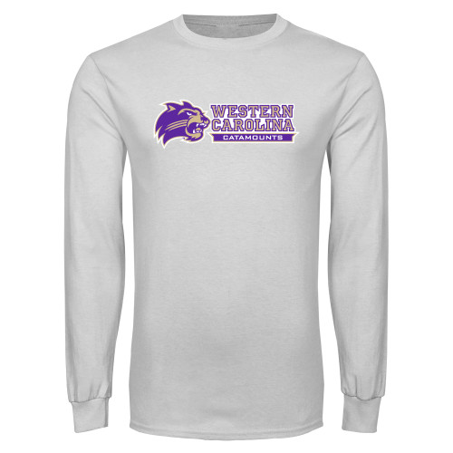  White Long Sleeve T Shirt - Mascot Head Next to Wordmark