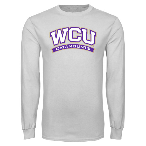  White Long Sleeve T Shirt - Arched WCU Catamounts Mark