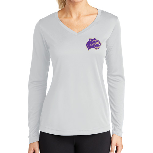  Womens White Performance Long Sleeve V Neck Shirt - Catamount Head